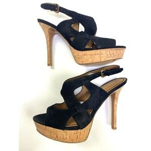 Nine West Fontina Size 7.5 Black Leather Cork Heels NEW NO Box